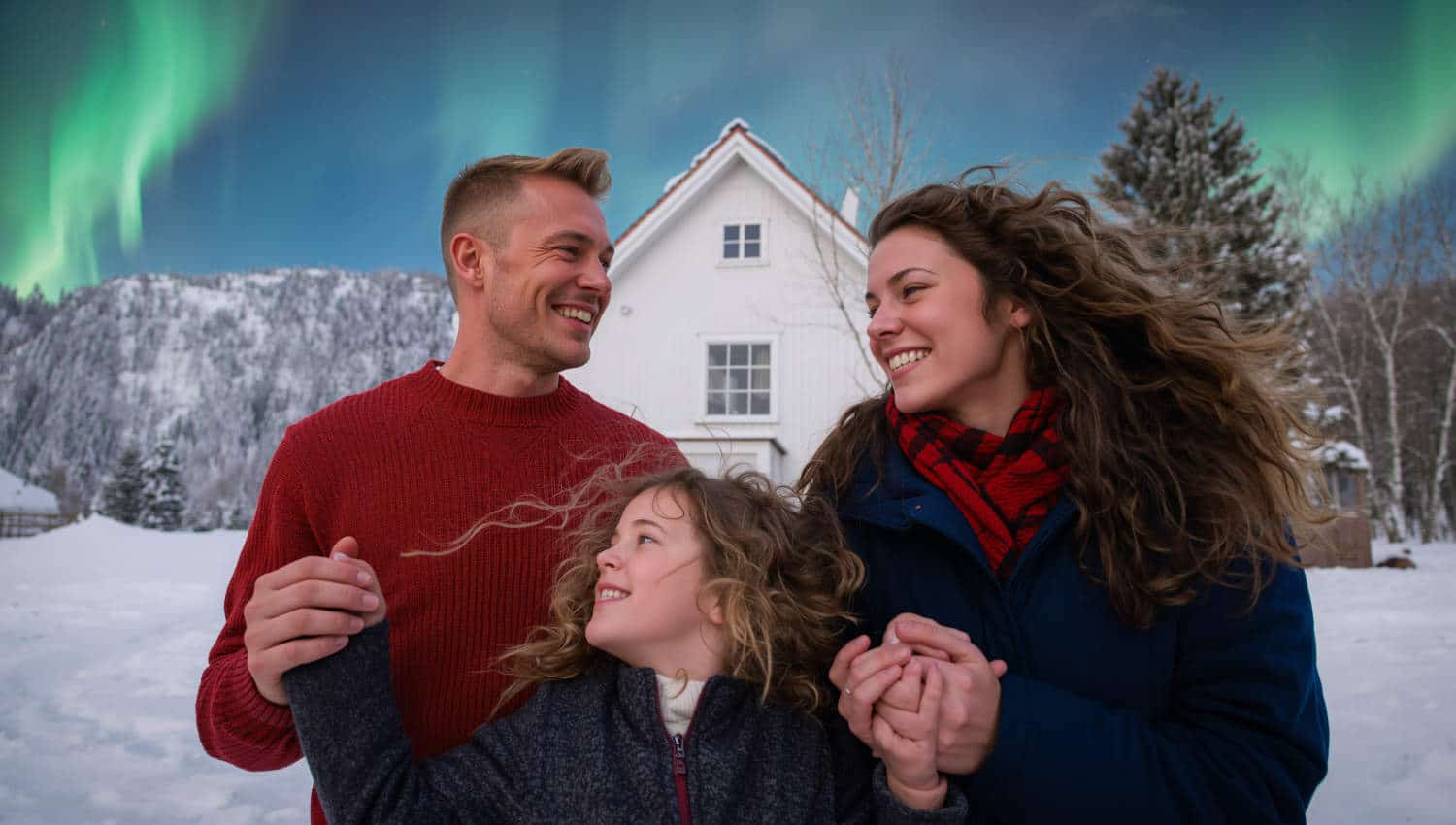 Familie utenfor enebolig i Tromsø under nordlyset