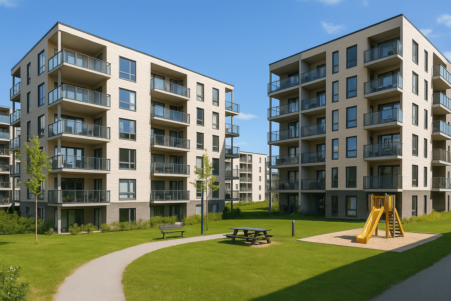 Standard leilighetskompleks. I større felt bygget av ubygger.